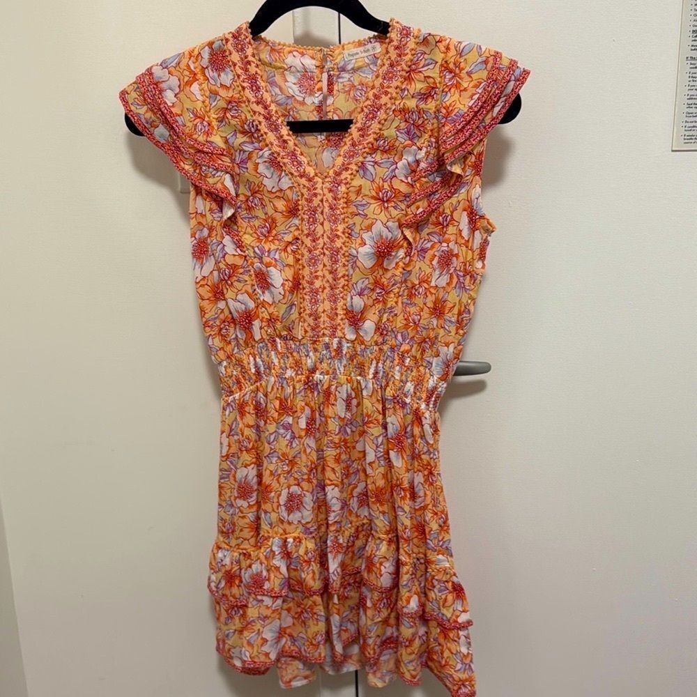 Poupette St Barth Camila Girls Floral Mini Dress. Peach/Blue/Orange. Size XL.